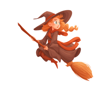 Young female witch riding broomstick in brown outfit with hat on transparent background