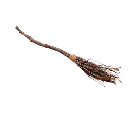 Rustic handmade witch broom with wooden stick and natural fibers on transparent background