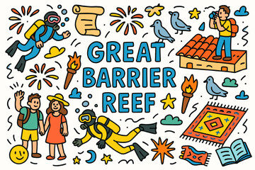 Great barrier reef linear icon set. ocean wildlife and adventure line icons collection