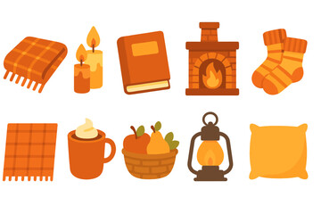 Cozy autumn flat icon set. seasonal warmth and comfort icons flat collection.