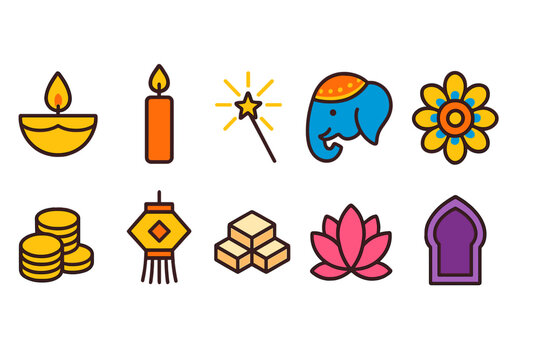 Diwali celebration flat icon set. festival, india, culture, traditional symbols collection
