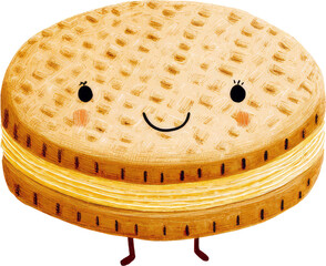 Smiling Sandwich Cookie Cartoon Illustration, Happy Dessert Snack.
