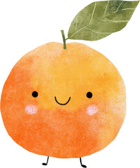 Cute orange fruit with a happy face and a green leaf.