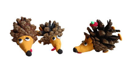 Creative DIY craft school autumn project featuring hedgehogs made from pine cones and air dry clay