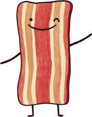 Happy bacon strip cartoon character with arms and legs smiling.