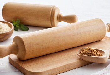 Rolling Pin and Baking Ingredients: Two wooden rolling pins rest on a cutting board amidst baking ingredients. captured the essence of culinary craftmanship. Ai generated image