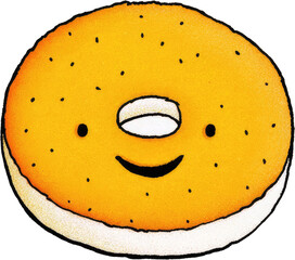 Cute cartoon bagel with a happy face, perfect for breakfast.