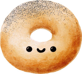 Cute smiling bagel with poppy seeds and a happy face.