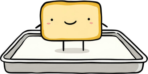Cute cartoon butter character on a baking tray.
