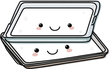 Cute smiling trays stacked, kawaii style, food concept.