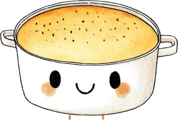 Cute Cartoon Casserole Dish with Smiling Face and Food.