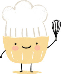 Cute cupcake chef holding whisk, ready to bake delicious treats.