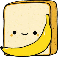 Cute banana and bread slice cartoon illustration for food concept.