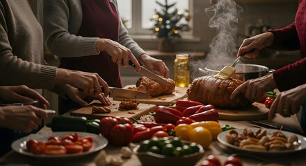 Hands preparing a festive holiday meal in a warm kitchen, carving roasted food and chopping fresh vegetables for a celebratory dinner