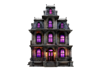 Spooky haunted mansion with glowing purple windows at night on transparent background