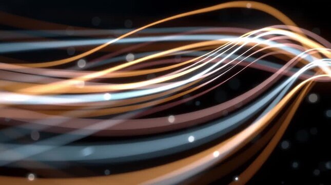Elegant abstract background of soft, glowing light trails weaving together like luminous ribbons on a dark backdrop, creating a sense of flow, harmony, motion, and refined modern energy.
