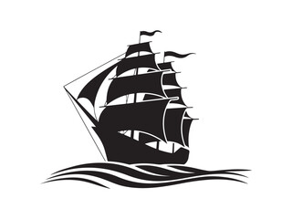 Silhouette of a tall ship sailing on waves vector isolated on white background