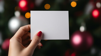 Obraz premium Holding a blank card against a festive backdrop. Space for your message or design on a card held by manicured hand, against blurred Christmas decorations.