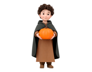 Young male in cloak holding pumpkin on transparent background