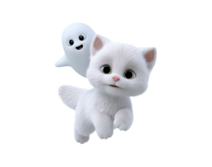 Adorable white kitten and friendly ghost floating in delightful scene on transparent background