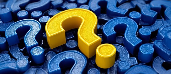 Blue and yellow question mark is surrounded by other blue and yellow question marks