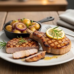 Delicious Grilled Pork Chops with Roasted Vegetables.