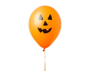 Halloween-themed orange balloon with jack-o'-lantern face on string on transparent background
