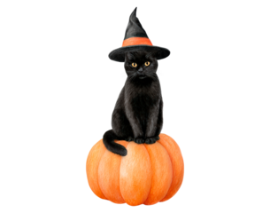 Black cat in witch hat sitting on orange pumpkin on transparent background
