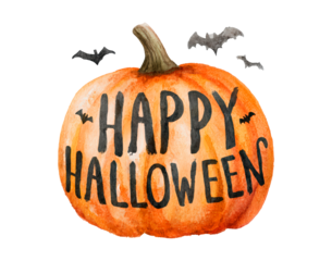 Halloween pumpkin with bats and happy message in watercolor style on transparent background