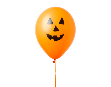 Halloween-themed orange balloon with jack-o'-lantern face on string on transparent background