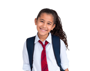 Smiling young girl in school uniform with backpack and red tie on transparent background