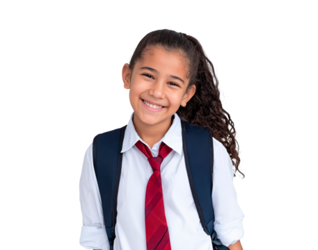 Smiling young girl in school uniform with backpack and red tie on transparent background