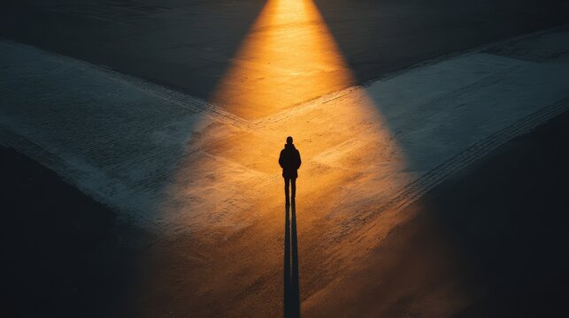 Person is walking in the middle of a road with two paths ahead of them. The person is walking in the shadow of the sun