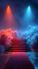 lights illuminate a foggy staircase leading into an ethereal atmosphere during a nighttime event
