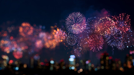 Fototapeta premium Dazzling fireworks illuminate night city skyline; vibrant explosions