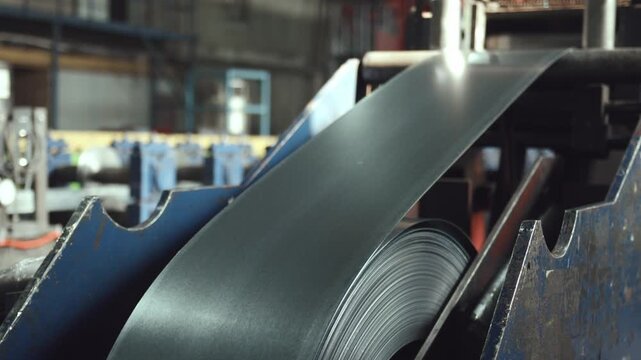 Industrial metalworking process showing a galvanized steel coil being unrolled by machinery on a factory production line, preparing the metal sheet for further manufacturing and processing