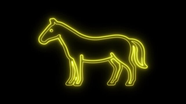 lowing yellow horse neon sign animation. Luminous animal silhouette with a flickering light effect. Seamless loop on a black background for any project.