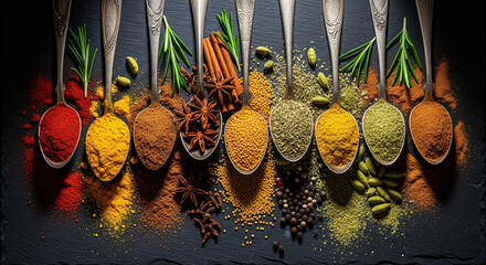 Overhead view of vibrant spices and fresh herbs with empty text space for recipe blog, cookbook, restaurant menu, health branding, nutrition ad, spice packaging, wellness design, culinary magazine