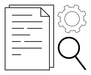 Magnifying glass, document, and gear highlight analysis, research, optimization, monitoring. Ideal for workflow, data study, management problem-solving system upgrade and process improvement