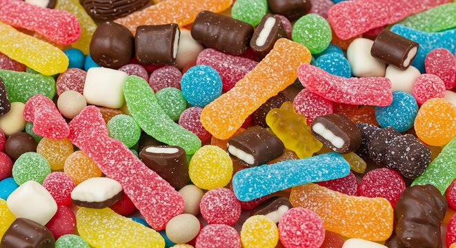 Assortment of colorful candies and sweets with various shapes and textures