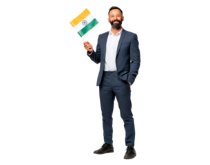 Confident male adult holding indian flag in business suit on transparent background
