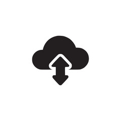 Illustration of a black cloud with up and down arrows, symbolizing cloud computing, data transfer, and synchronization in a minimalist and modern design