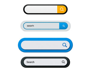 Obraz premium Set of colorful modern search bars with magnifying glass icons on transparent background