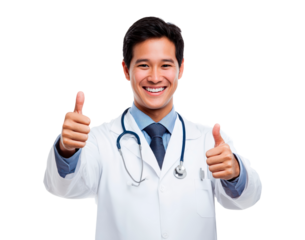 Smiling asian male young doctor with thumbs up and stethoscope on transparent background