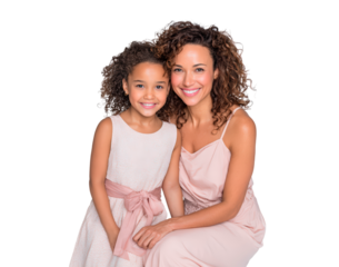 Smiling mother and daughter duo in elegant pink dresses on transparent background