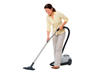Female using vacuum cleaner for home cleaning tasks on transparent background