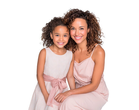 Smiling mother and daughter duo in elegant pink dresses on transparent background