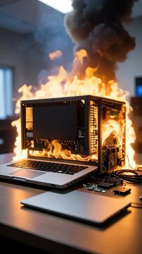 Laptop computer intensely burning with flames and smoke on a desk, depicting technology failure, system crash, and data loss in a modern workspace.