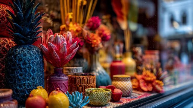 Maximalist window display detailed in medium shot presenting an eclectic mix of colorful props with intentionally blurred surroundings to draw attention to creative abundance.