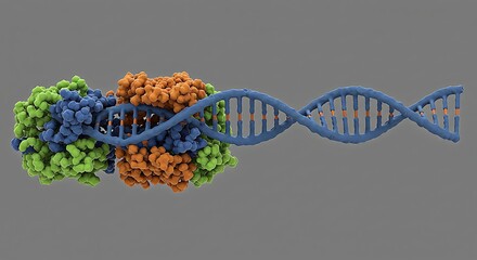 Conceptual 3 d render of dna strand and protein structure on gray background